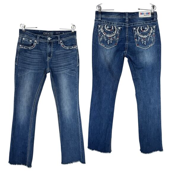 Grace in LA Bootcut Jeans Tribal Feather Embroider Fray Hem Easy Fit 32X33* (30) - Picture 2 of 16